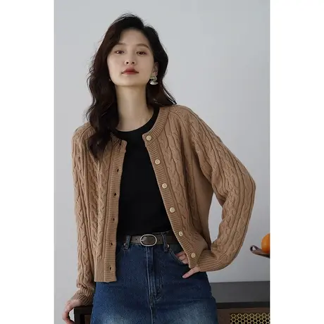 嘉茱莉2023秋季新款麻花羊毛针织外套女薄款毛衣针织开衫外搭上衣商品大图