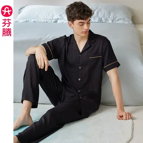 芬腾冰丝男士睡衣夏季短袖长裤薄款凉感仿真丝绸缎大码家居服套装商品大图