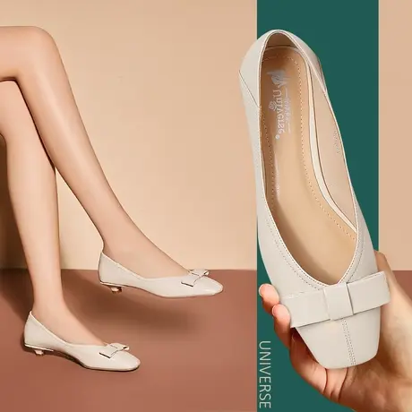 清仓方头单鞋女浅口软皮软底蝴蝶结休闲百搭白色细跟舒适女鞋商品大图