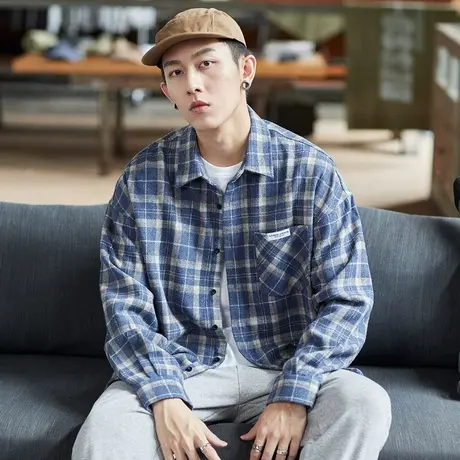 唐狮格子衬衫男春秋长袖休闲宽松复古港风格纹衬衣外套潮修身上衣图片