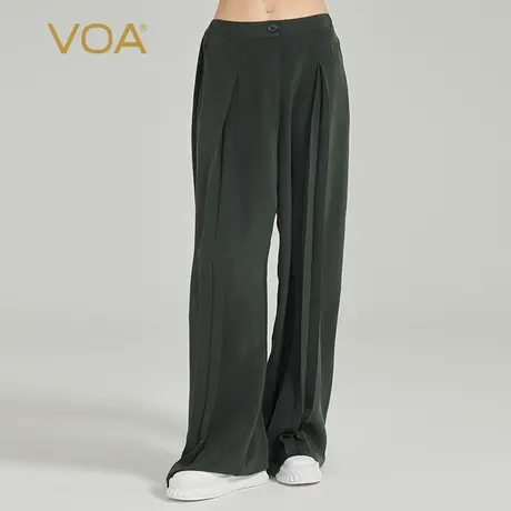 VOA30姆米重磅砂洗桑蚕丝自然腰侧插口袋垂顺松绿色真丝直筒长裤商品大图