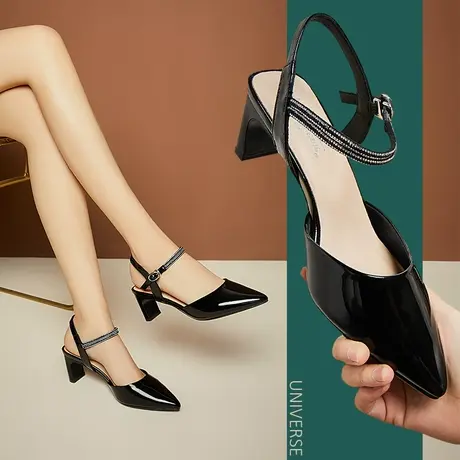 清仓夏季黑色高跟鞋软皮粗跟舒适百搭女鞋真皮漆皮尖头凉鞋女图片