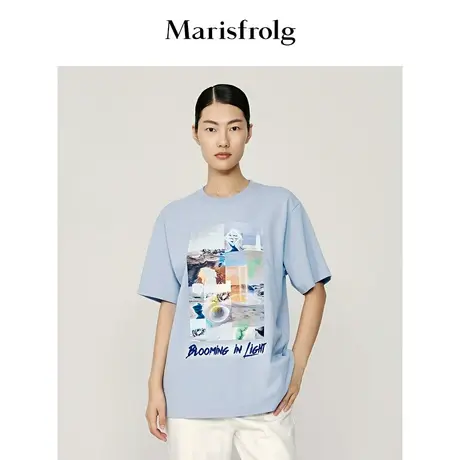 #多巴胺穿搭# 玛丝菲尔夏季新款蓝色圆领宽松t恤打底衫女商品大图