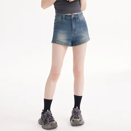 尔给高腰a字短裤女2023新款夏季热裤潮牌小个子复古直筒牛仔裤女商品大图