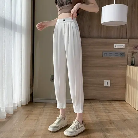 冰丝西装裤女夏季薄款高腰宽松八分萝卜哈伦小个子九分白色休闲裤商品大图