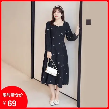 2022年秋冬新款方领气质蝴蝶结磨毛长款连衣裙显瘦黑色大码胖mm商品大图