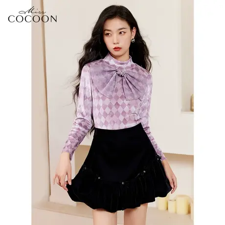 MISSCOCOON蝴蝶结长袖t恤女2023新款春季时尚百搭丝绒打底衫上衣商品大图