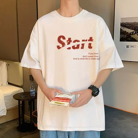 港风纯棉薄款短袖T恤男夏季2024新款潮牌宽松上衣服ins百搭半截袖商品大图