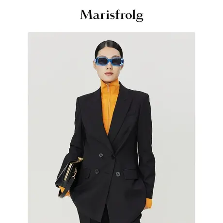 【直筒休闲西装】玛丝菲尔冬季黑色收腰羊毛抗皱双排扣西装商品大图