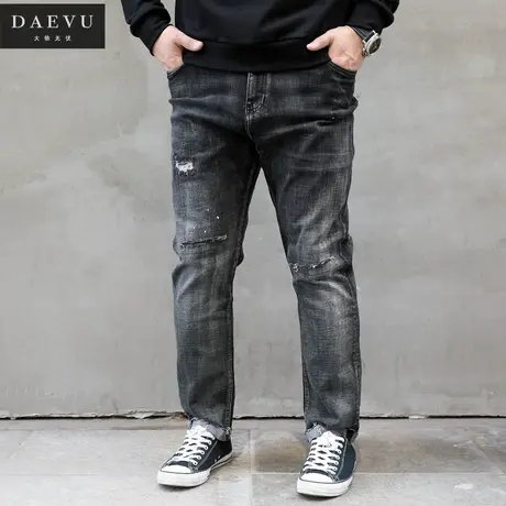 秋新款韩版破洞毛边特大号潮胖弹力小脚加肥加大码男士牛仔裤长裤图片