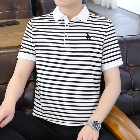 男士夏季条纹短袖2023新款男士衬衫领polo衫冰丝翻领t恤半袖上衣商品大图