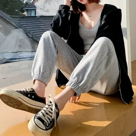 ZR真维斯运动裤女2023新款春秋高级感抽绳束脚裤休闲裤子春秋薄款图片