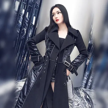 VJE黑色毛呢大衣女中长款冬季新款帅气拼接气质通勤过膝外套商品大图