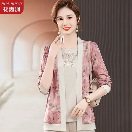 中年女装时尚春秋长袖假两件系带针织小衫妈妈洋气中老年新款上衣商品大图