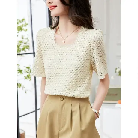 时尚气质方领短袖衬衫2023年夏季新款淑女温柔显瘦通勤百搭上衣商品大图