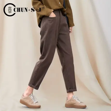 休闲萝卜裤女2023新款直筒九分大码女裤老爹咖色秋冬加绒哈伦裤子商品大图