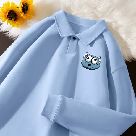 秋季polo衫卫衣女2023年春秋新款蓝色宽松上衣薄款带扣子翻领外套图片