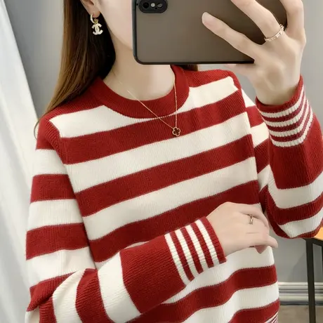 圆领条纹针织衫女2024年新款新款韩版毛衣女套头长袖打底衫撞色图片