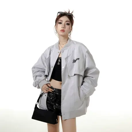 YEP假两件棒球服外套女春秋2023新款复古夹克宽松oversize上衣潮商品大图