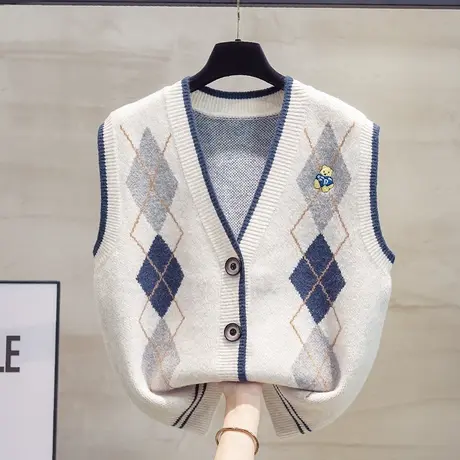 菱格v领针织开衫马甲背心女2023秋装新款宽松马夹外穿毛衣坎肩潮图片