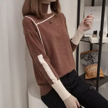高领套头毛衣女秋冬新款加厚拼色针织衫韩版时尚上衣宽松打底毛衣商品大图