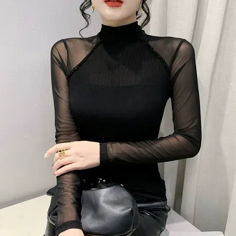 2024秋冬新款时尚钉珠网纱T恤女长袖紧身内搭上衣气质性感小衫潮商品大图