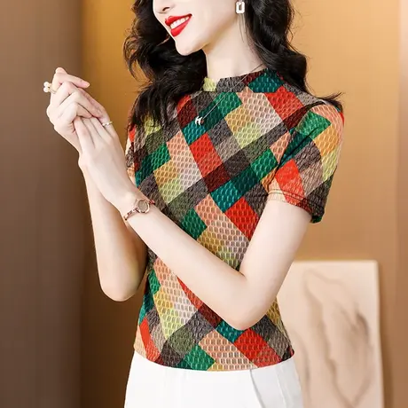 欧货拼色格子短袖T恤女2024夏季新款气质网纱小衫修身立领上衣潮商品大图