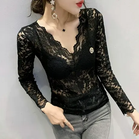 2024春秋新款性感镂空蕾丝衫女长袖气质透视上衣洋气内搭打底衫潮图片