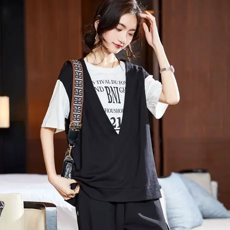 设计感小众短袖t恤女装2023新款潮衣服夏季大码假两件上衣中长款商品大图
