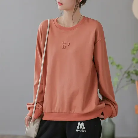 dza 复古圆领套头纯棉卫衣外套女士春秋休闲运动显瘦上衣宽松长袖商品大图