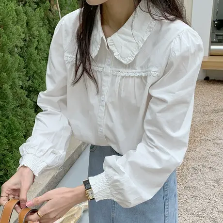 春装日系文艺娃娃领格子衬衫女春秋季宽松长袖衬衣内搭大翻领上衣商品大图