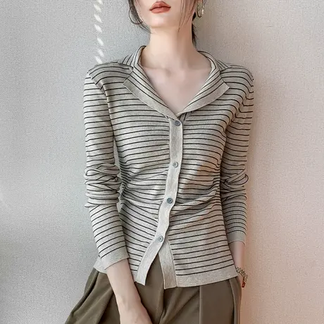 POLO领条纹针织衫女2023秋冬新品开衫休闲奶系穿搭设计感小众上衣商品大图