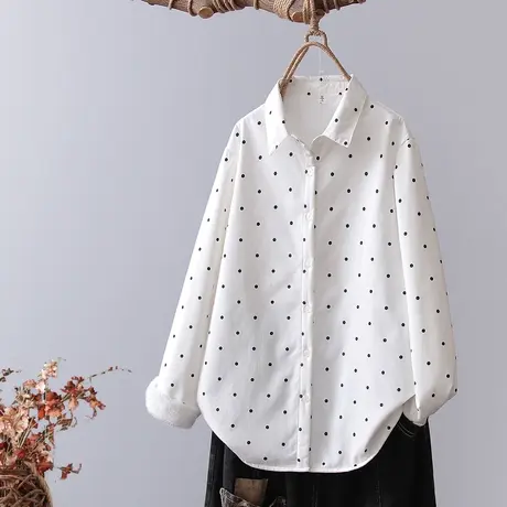 文艺小清新波点印花长袖衬衫女士春秋百搭宽松打底衬衣白色上衣图片