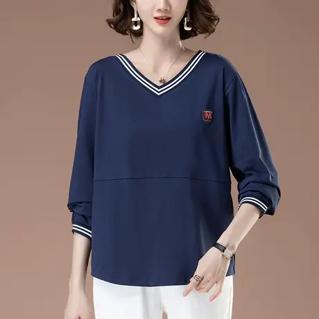 V领长袖T恤女春秋宽松加肥加大码女装打底衫中年妈妈纯棉显瘦上衣商品大图