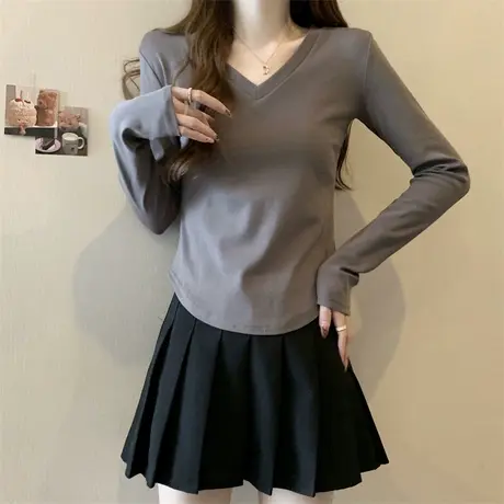 小个子短款V领长袖T恤女春秋冬百搭修身显瘦德绒内搭打底衫上衣服商品大图
