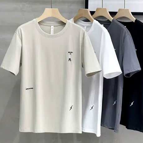 小男孩刺绣休闲短袖男t恤2023夏季新款情侣宽松白色打底半袖体恤商品大图