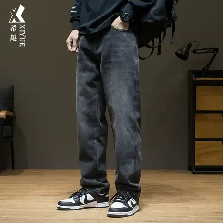 希越美式复古黑色牛仔裤男春秋简约百搭直筒长裤宽松大码胖子男裤商品大图