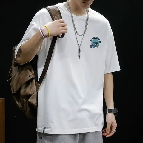 白色短袖t恤男夏季宽松胖子大码ins潮牌加肥加大半袖纯棉圆领体恤商品大图