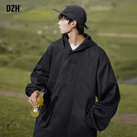 男士黑色连帽套头外套男秋季2023新款户外冲锋衣男款工装夹克秋装商品大图