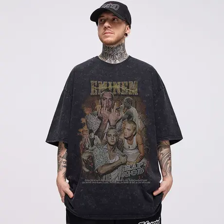 300g重磅纯棉水洗做旧短袖t恤男生高街美式复古嘻哈宽松休闲半袖商品大图