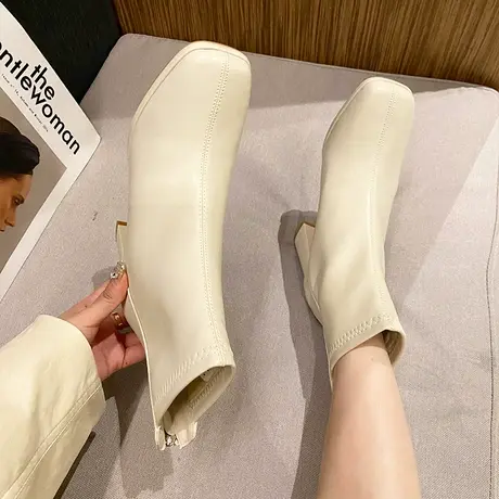 法式短靴女粗跟2024年冬季新款性感高跟短筒靴英伦风方头切尔西靴商品大图