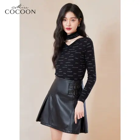 miss COCOON品牌字母印花针织衫女2023新款春秋V领显瘦内搭打底衫商品大图