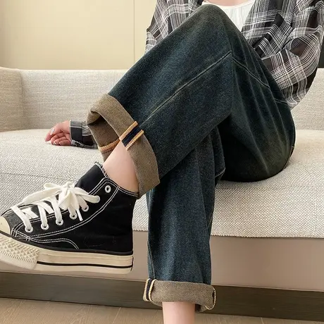 哈伦牛仔裤女春秋2024年新款大码胖mm高腰宽松显瘦复古阔腿老爹裤商品大图