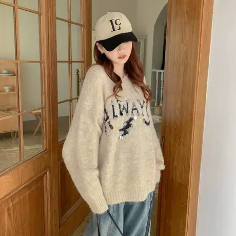 othermix设计感字母毛衣女2024春秋新款宽松休闲圆领套头针织上衣图片