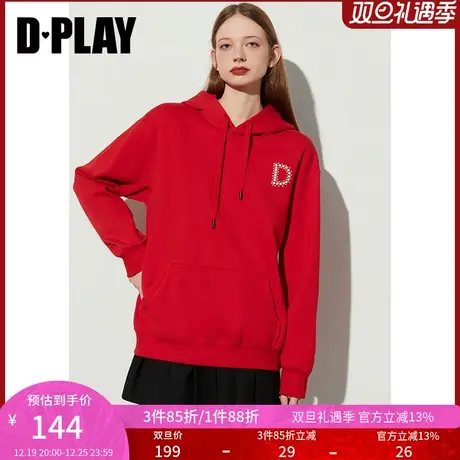 DPLAY春通勤连帽落肩宽松红色加厚加绒套头卫衣上衣女商品大图