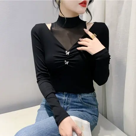 性感镂空露肩T恤设计感小众别致上衣紧身内搭打底衫女长袖春秋潮图片