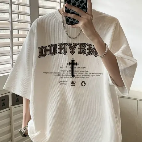 华夫格短袖t恤男2023新款夏季美式重磅印花vibe风情侣半袖上衣服商品大图