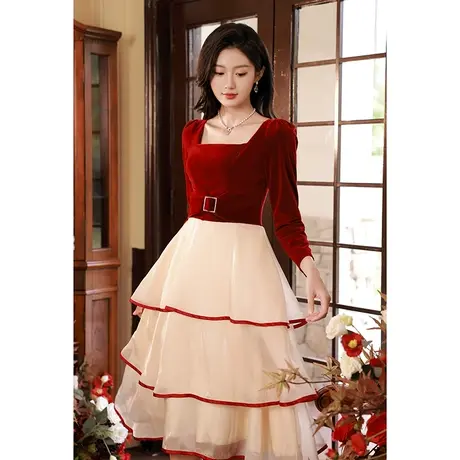 长袖敬酒服新娘2023新款女秋冬季订婚晚礼服连衣裙回门便装蛋糕裙商品大图