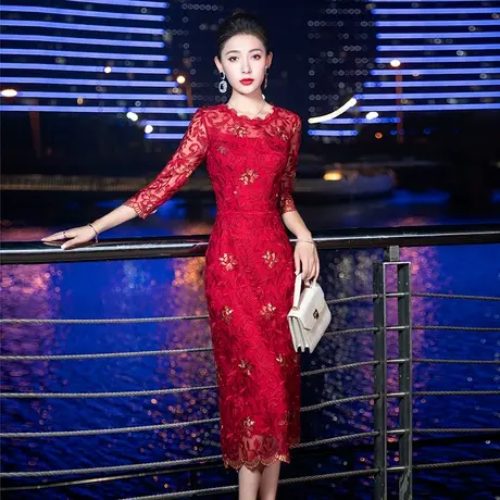 晚礼服2024新款蕾丝旗袍夏季红色年轻妈妈婆婆婚宴婚礼服连衣裙女商品大图