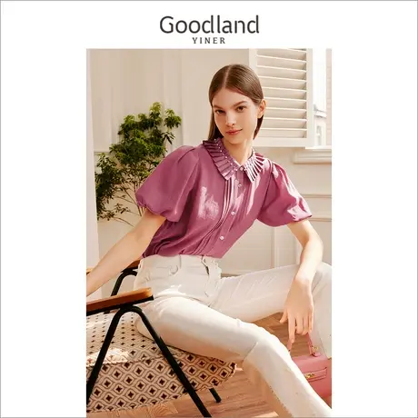 【醋酸系列】Goodland美地女装2023夏季压褶领钉珠衬衫公主袖图片